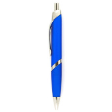 Ручка пластмассовая прозрачная синего цвета с наклонной металлической вставкой